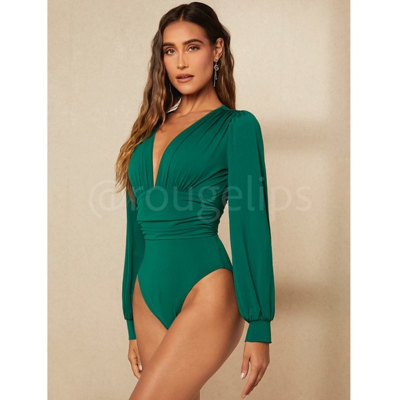 Green Elegant V neck Bodysuit Long Bishop Sleeves Stretchy Ruched Waist - Picture 2 of 8